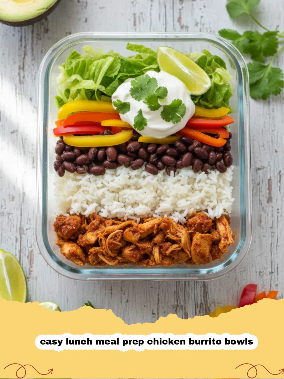 easy lunch meal prep chicken burrito bowls - Four glass meal prep containers filled with chicken burrito bowls containing rice, black beans, corn, and seasoned chicken.