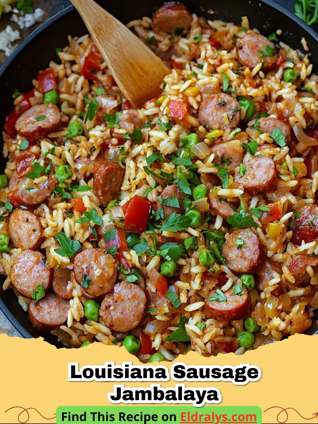 Vibrant one-pot Chicken and Turkey Sausage Jambalaya with white rice and fresh herbs.