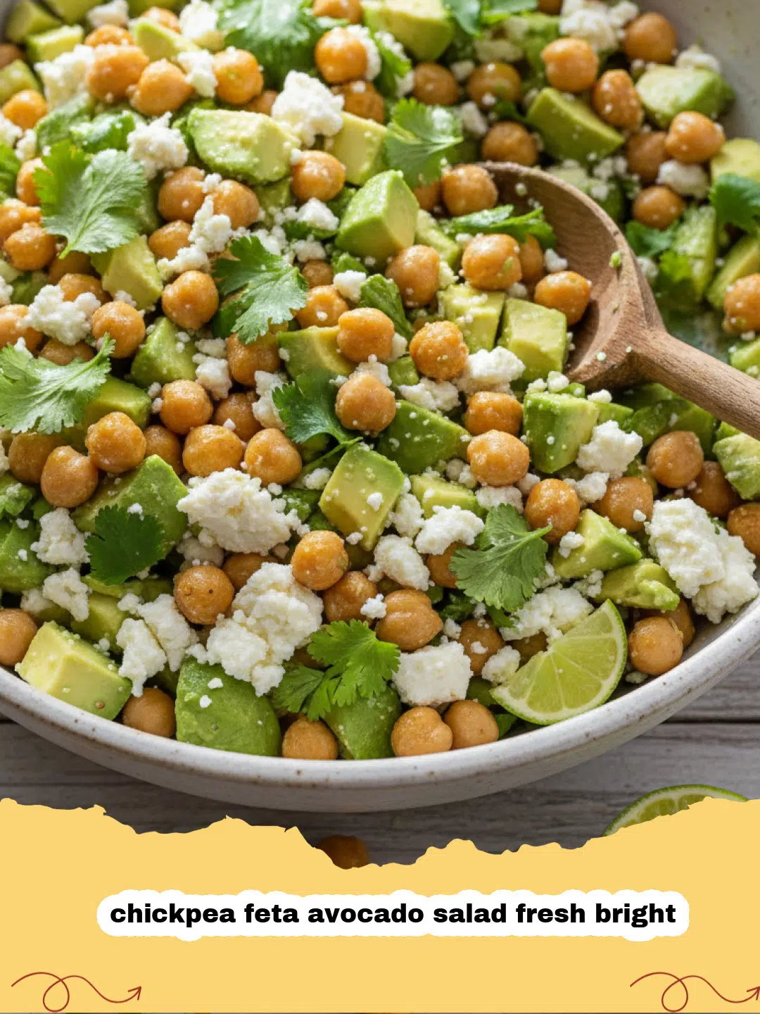 A close-up shot of a chickpea feta avocado salad fresh bright in a white ceramic bowl with lemon wedges on the side.