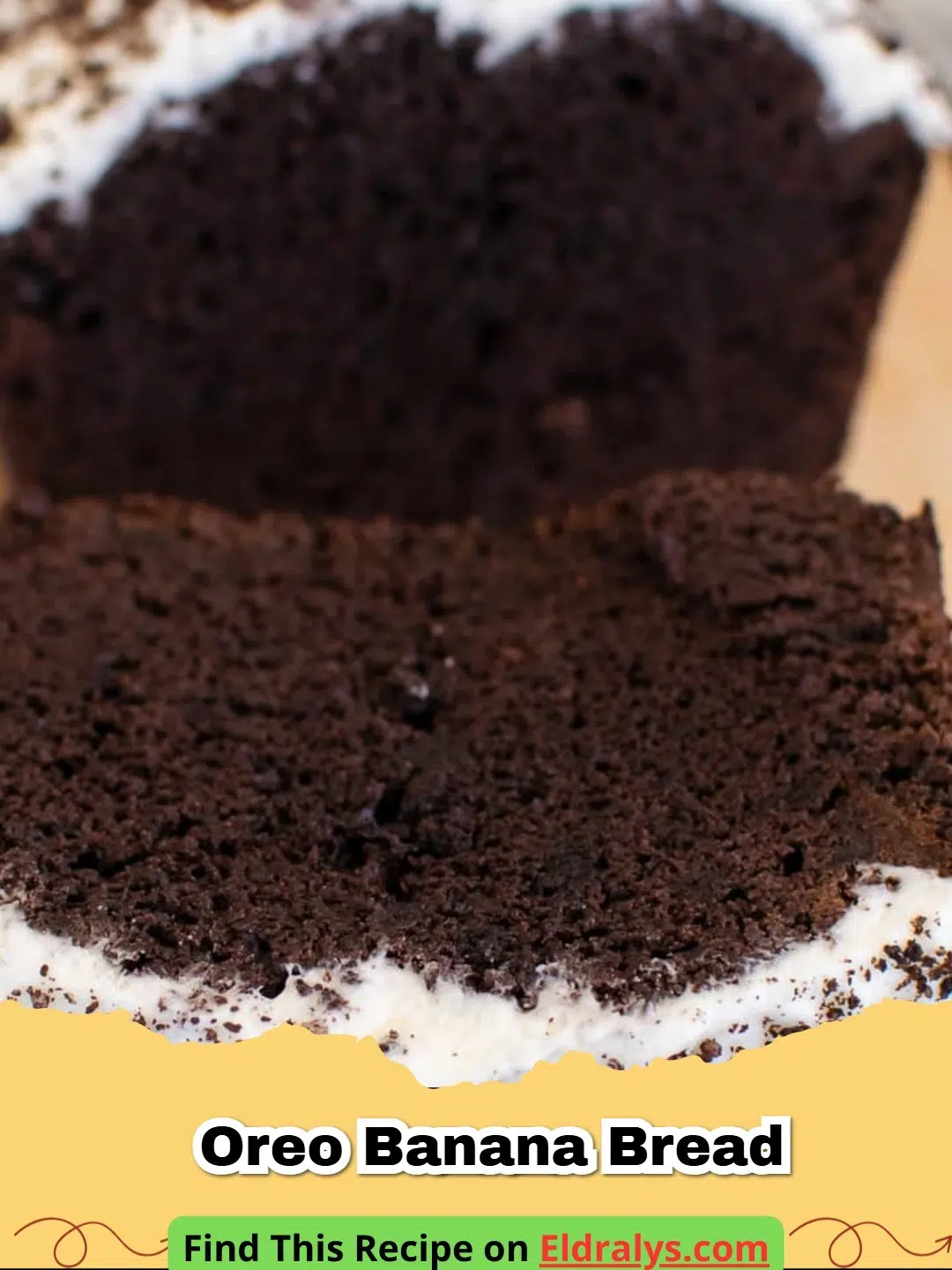 A close up slice of moist Chocolate Oreo Banana Bread with white frosting and cookie crumbs.