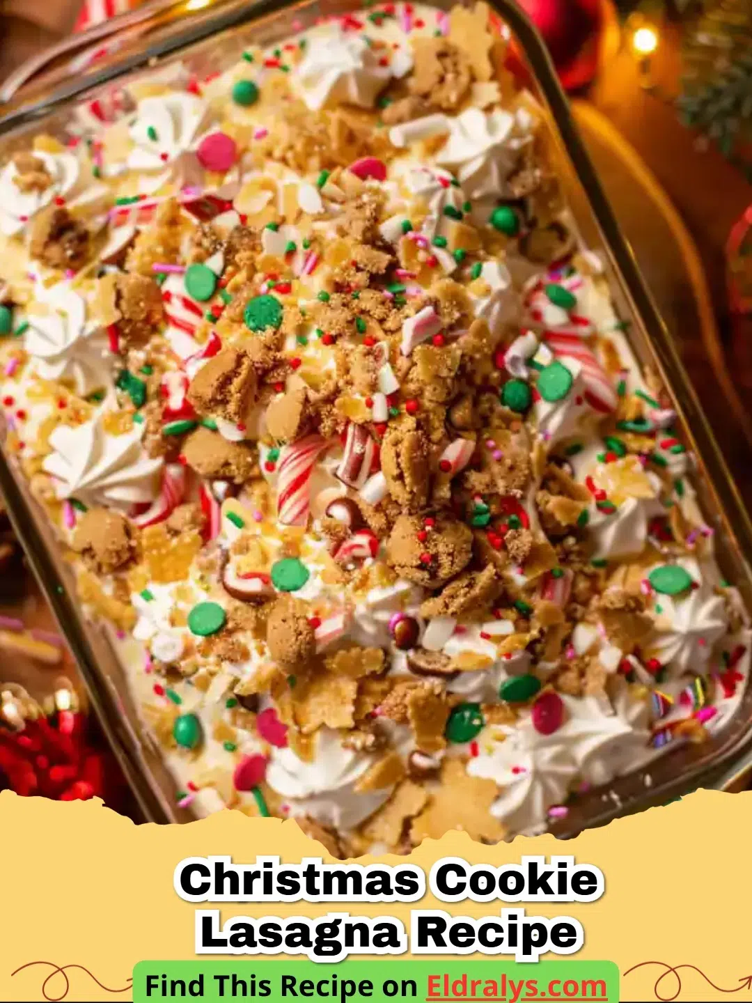 A close up view of a Christmas Cookie Lasagna Recipe showing distinct layers of cookies and cream.
