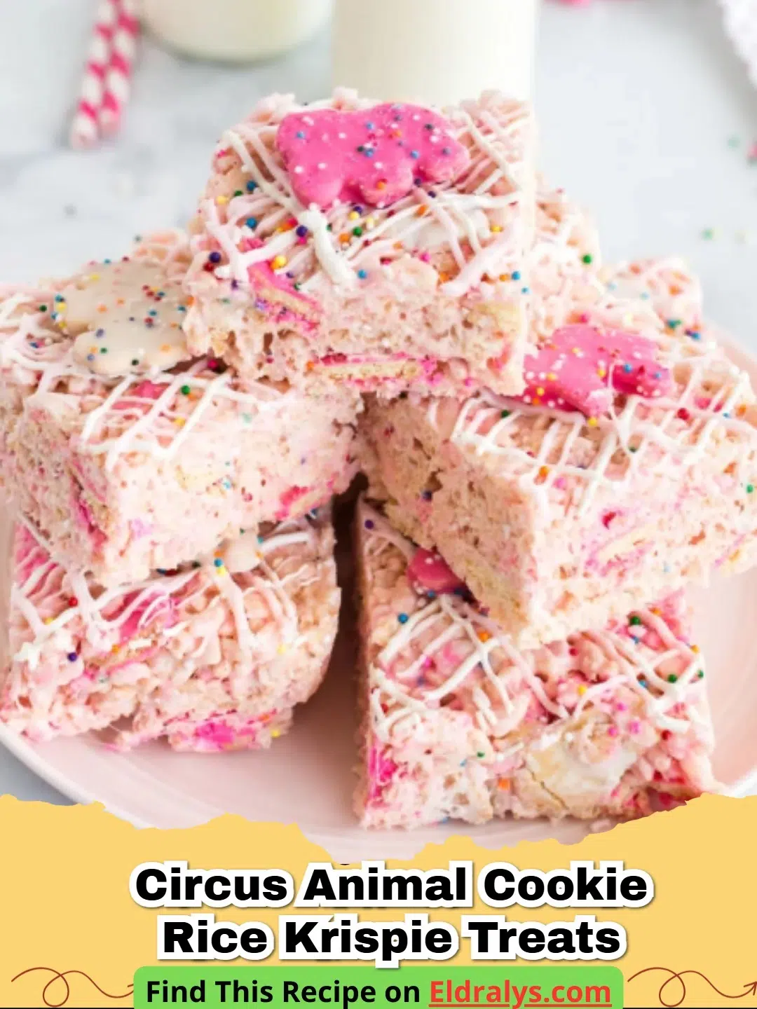 A tray of colorful Circus Animal Cookie Rice Krispie Treats with pink and white cookies and sprinkles.