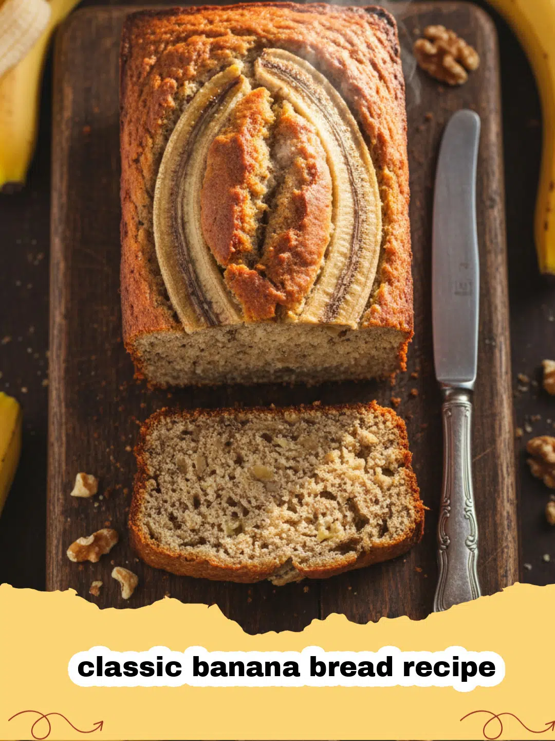 classic banana bread recipe - A golden-brown loaf of classic banana bread sliced on a wooden board.