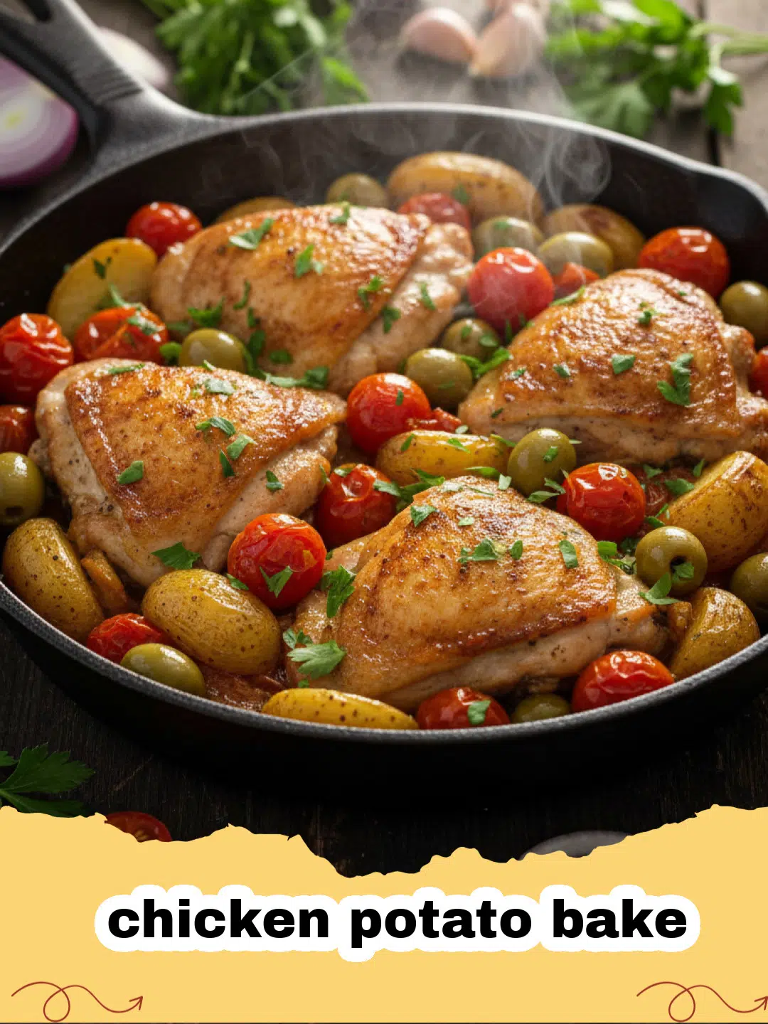 Golden brown chicken potato bake on a baking sheet with herbs