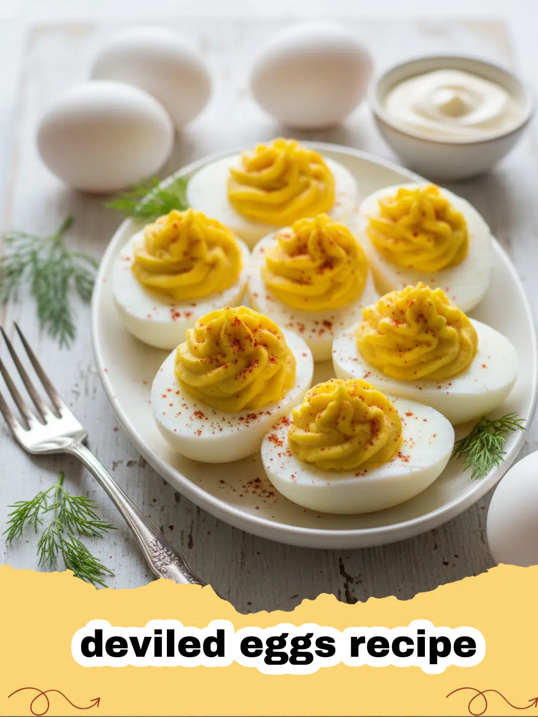deviled eggs recipe - A platter of beautifully piped deviled eggs garnished with paprika and chives.