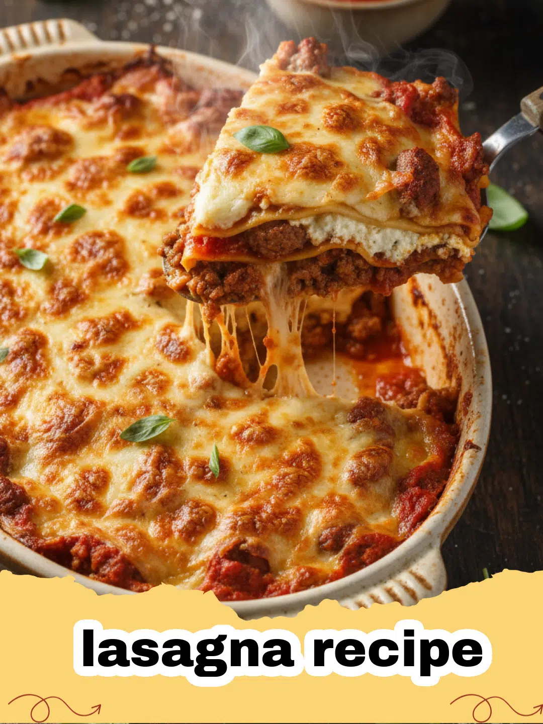 lasagna recipe - A close-up shot of a cheesy, layered lasagna slice on a white plate