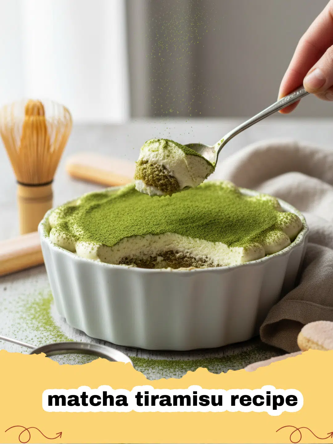 matcha tiramisu recipe - A beautiful dish of Matcha Tiramisu with vibrant green powder on top and distinct white cream layers.