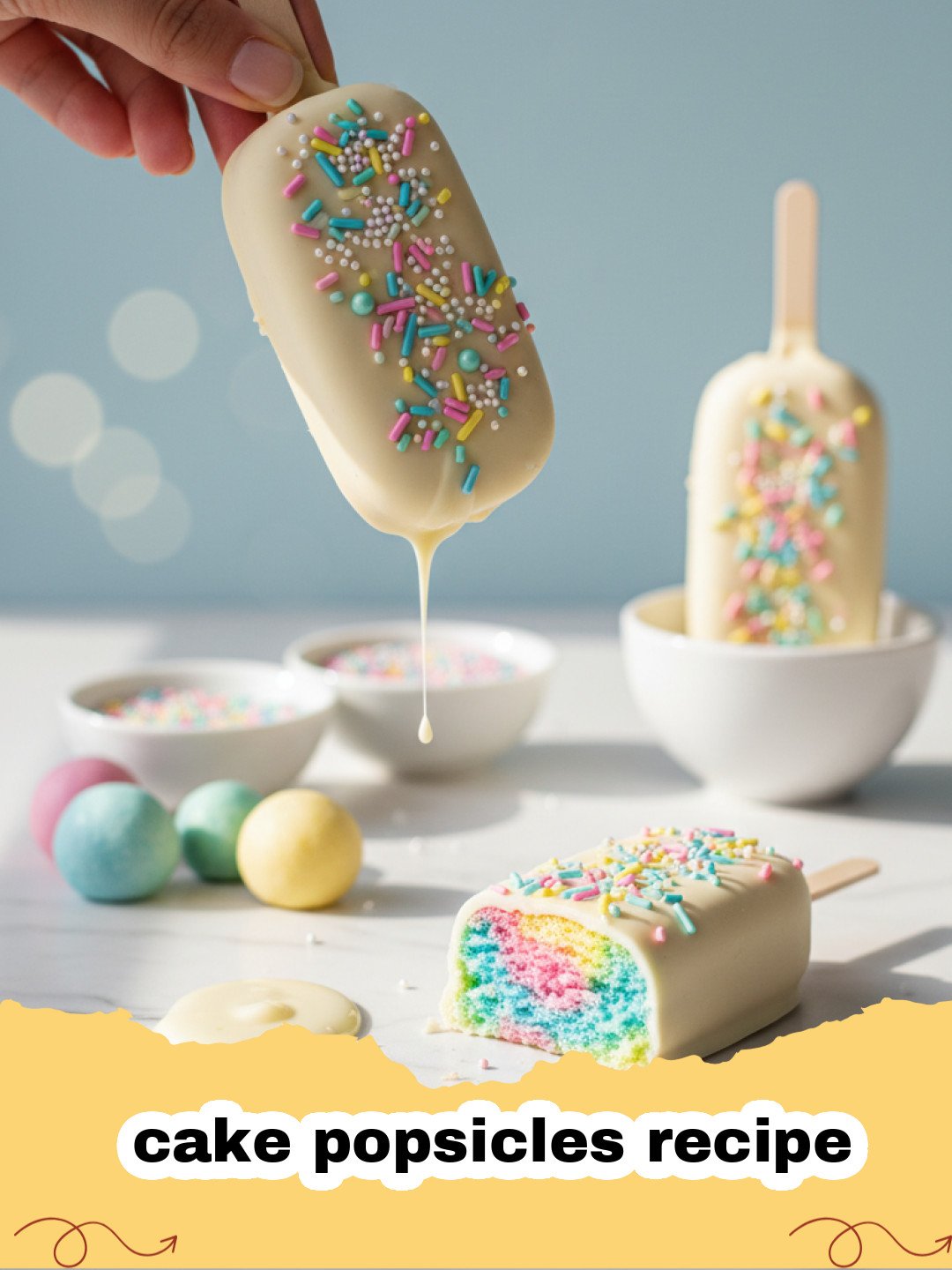 cake popsicles recipe - Beautifully decorated cake popsicles with chocolate drizzle and sprinkles.