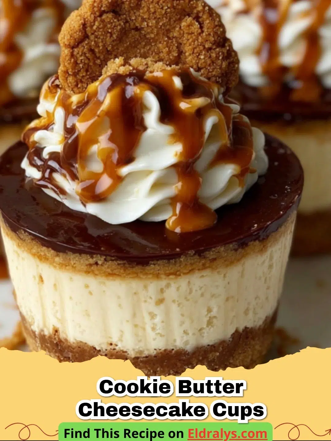 Individual Cookie Butter Cheesecake Cups with a cookie butter drizzle