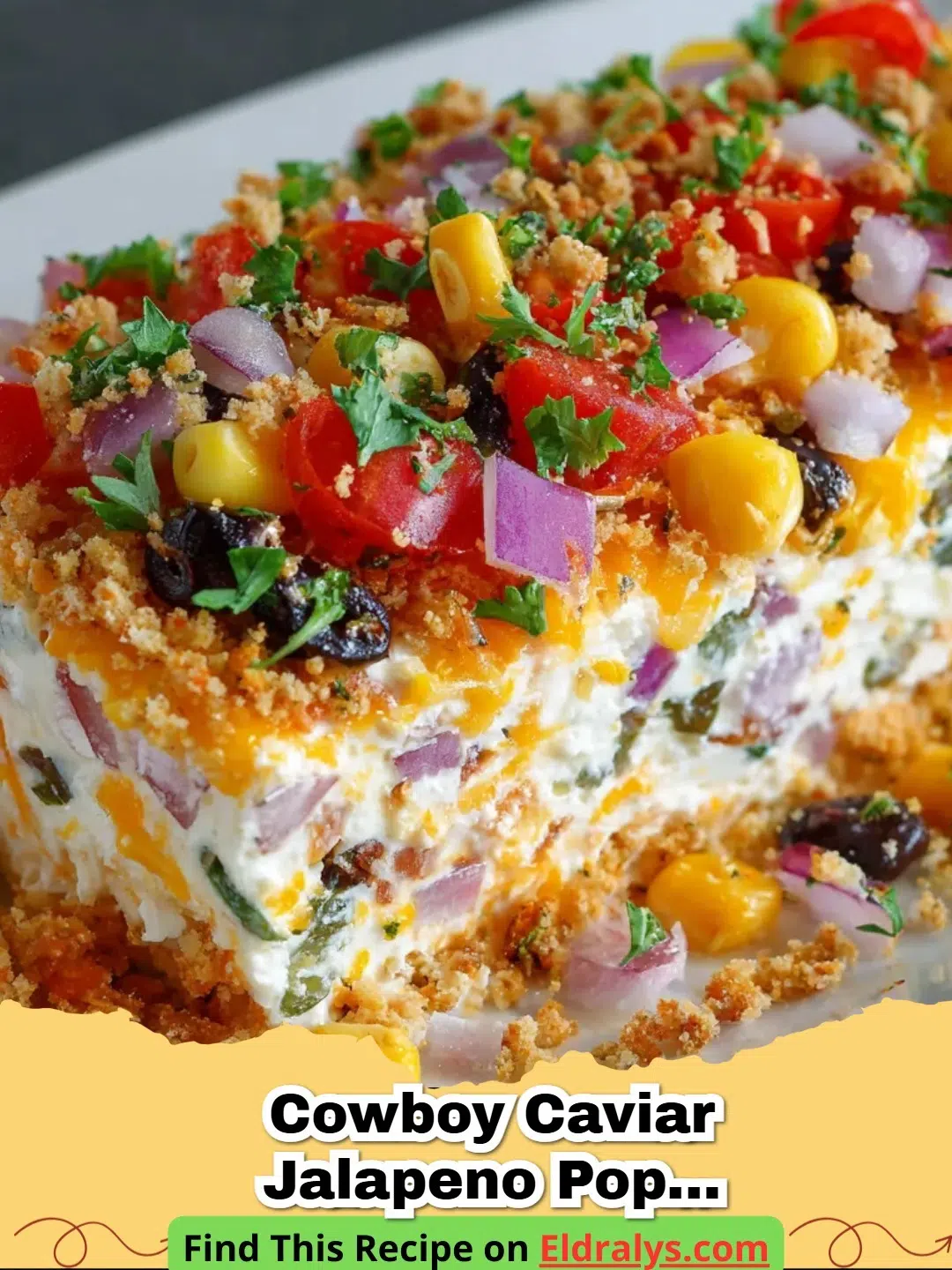 A delicious Cowboy Caviar Jalapeno Popper Cheese Log coated in pecans and bacon served on a platter with crackers.