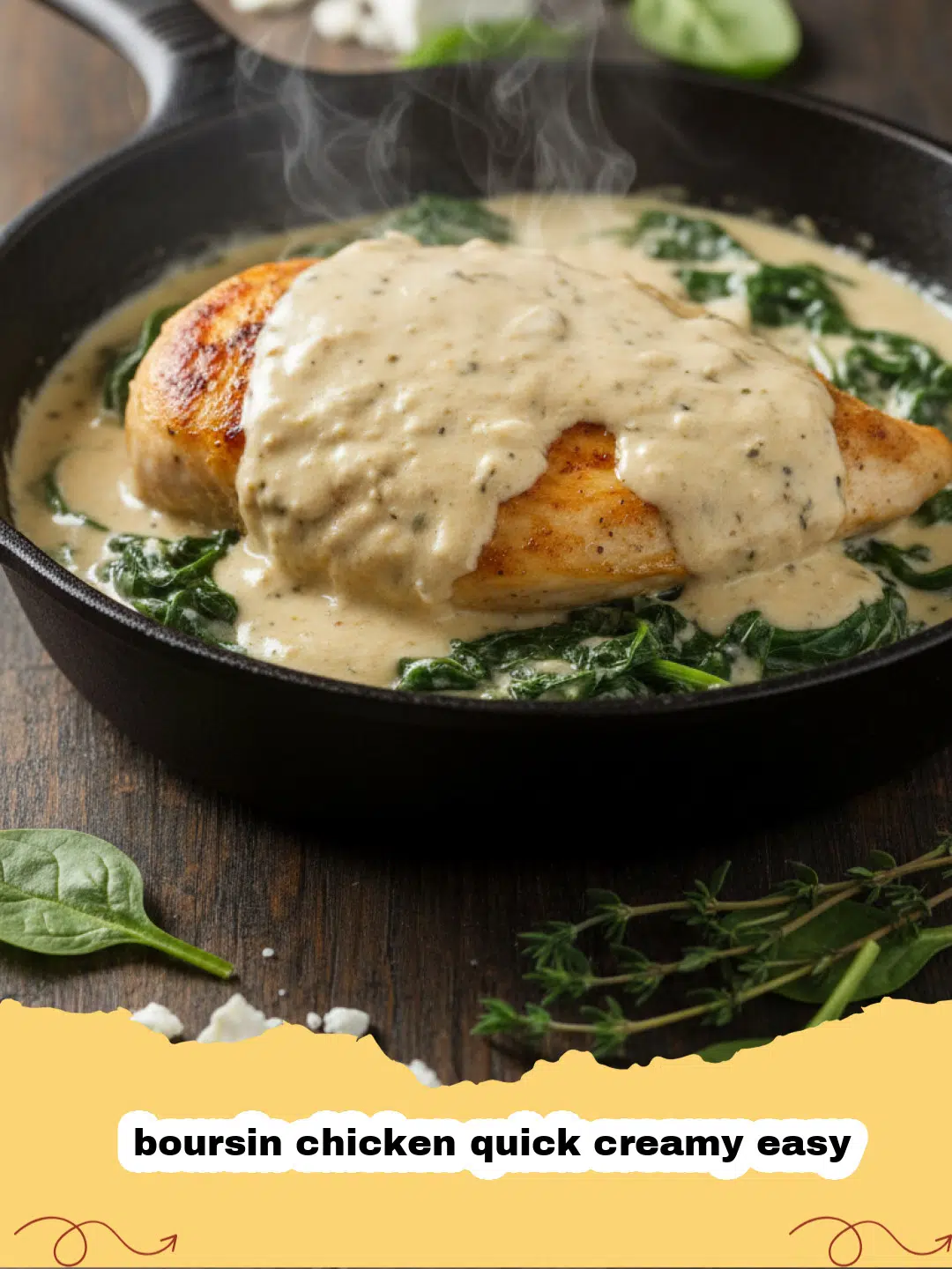 boursin chicken quick creamy easy - A skillet featuring golden seared chicken breasts smothered in a white creamy herb sauce with spinach.