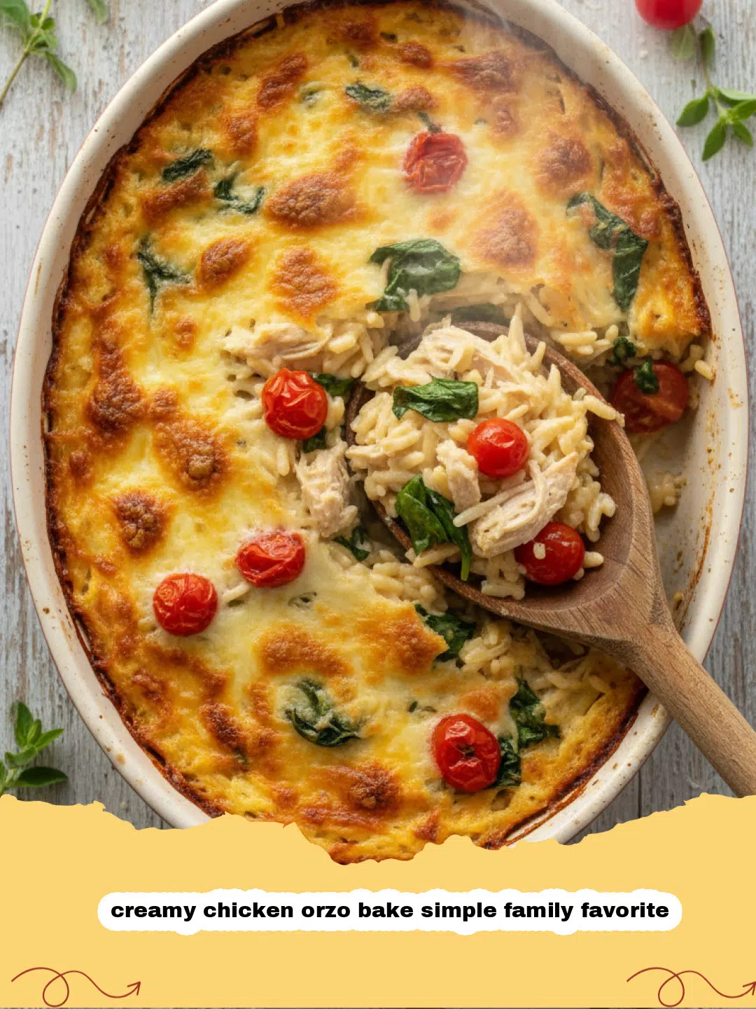 creamy chicken orzo bake simple family favorite - A golden-brown creamy chicken orzo bake in a black cast iron skillet, garnished with fresh parsley.