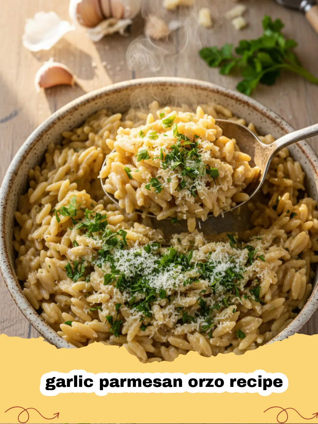 garlic parmesan orzo recipe - A creamy skillet of garlic parmesan orzo garnished with fresh parsley and extra cheese.