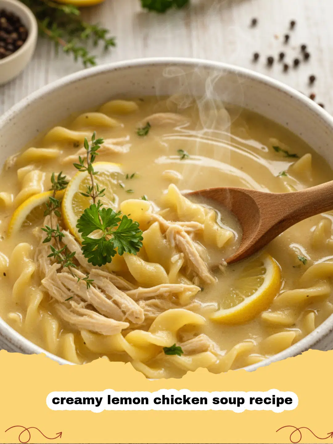 creamy lemon chicken soup recipe - A bowl of creamy lemon chicken soup with orzo and spinach