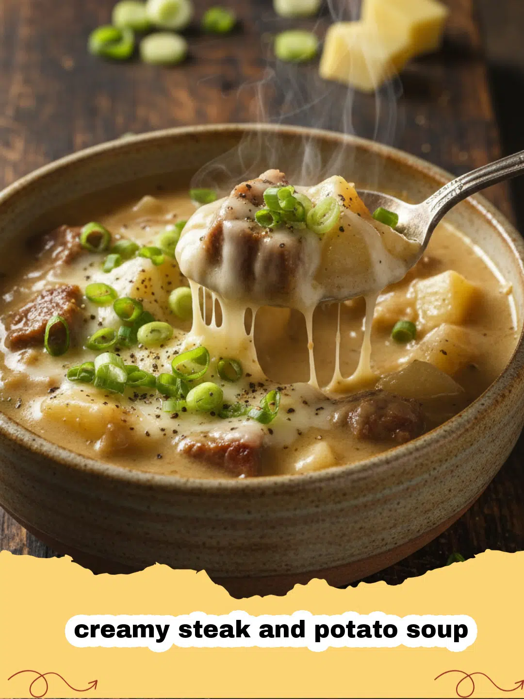 A steaming bowl of creamy steak and potato soup with fresh parsley garnish