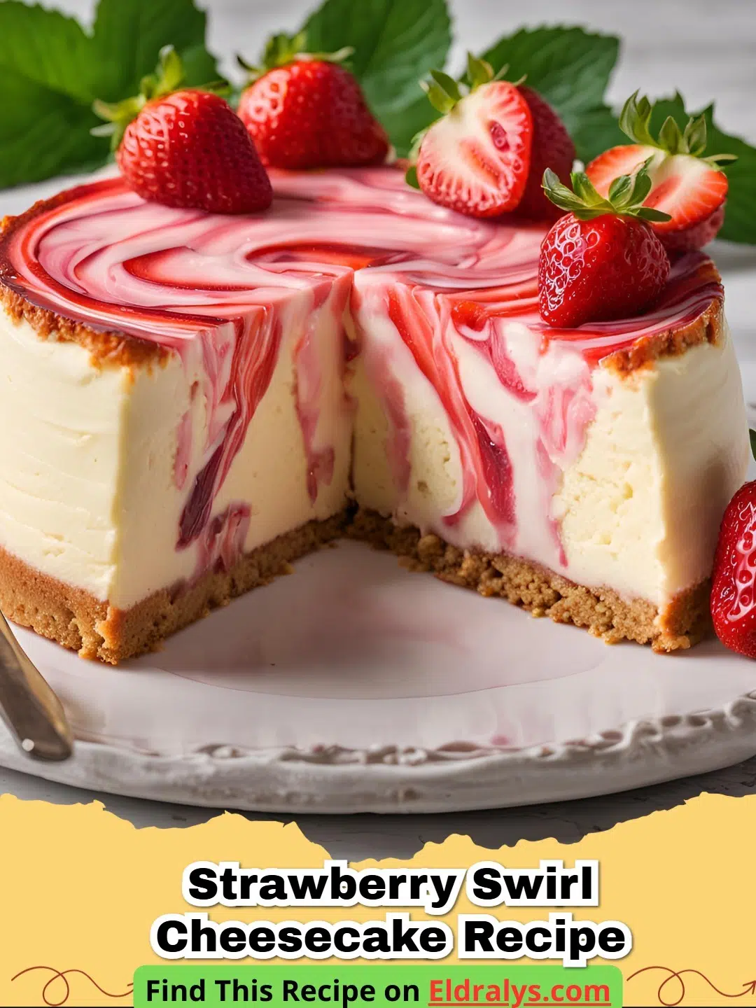 Creamy Strawberry Swirl Cheesecake Recipe - A slice of Creamy Strawberry Swirl Cheesecake with vibrant red berry ribbons.