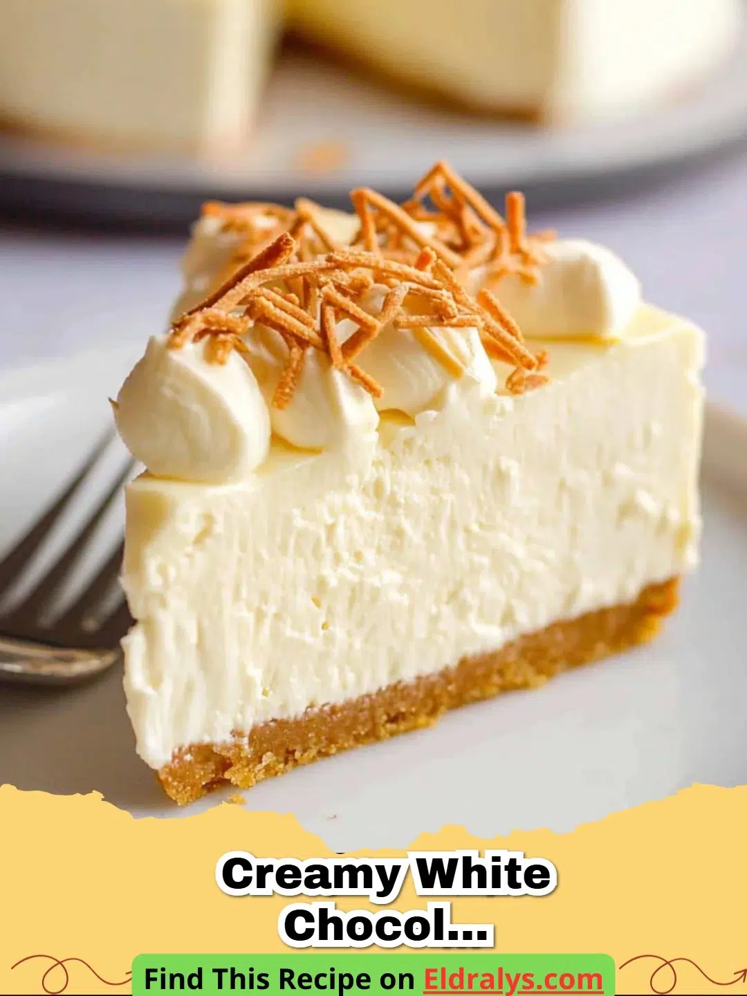 A slice of Creamy White Chocolate Cheesecake topped with fresh raspberries on a white plate.