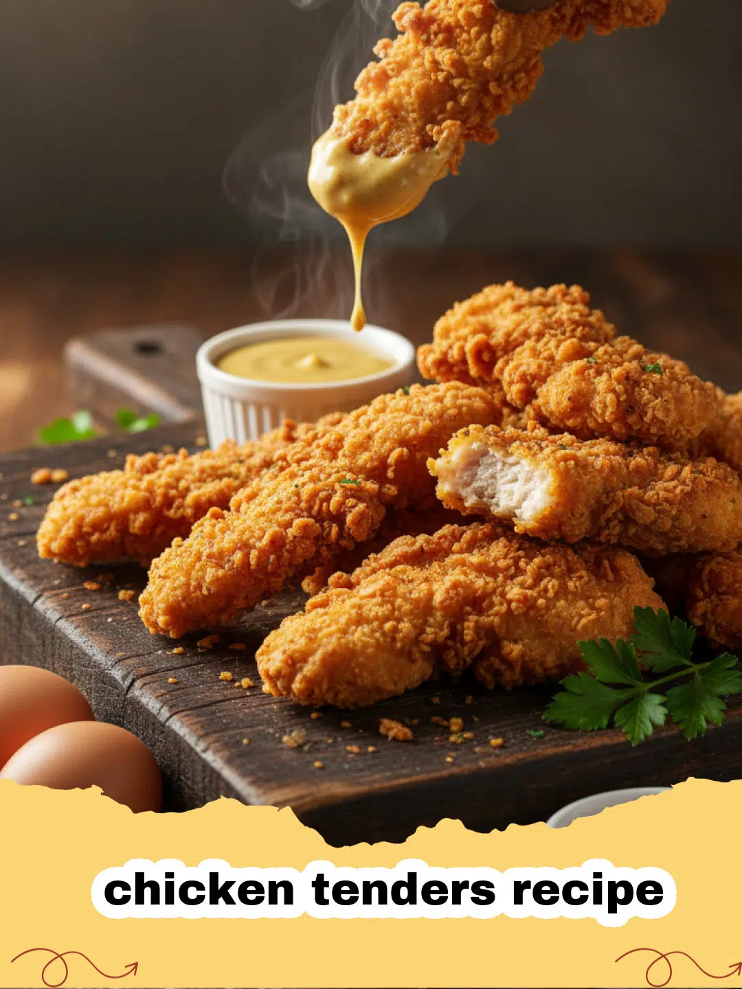 chicken tenders recipe - Golden brown crispy chicken tenders served with honey mustard sauce