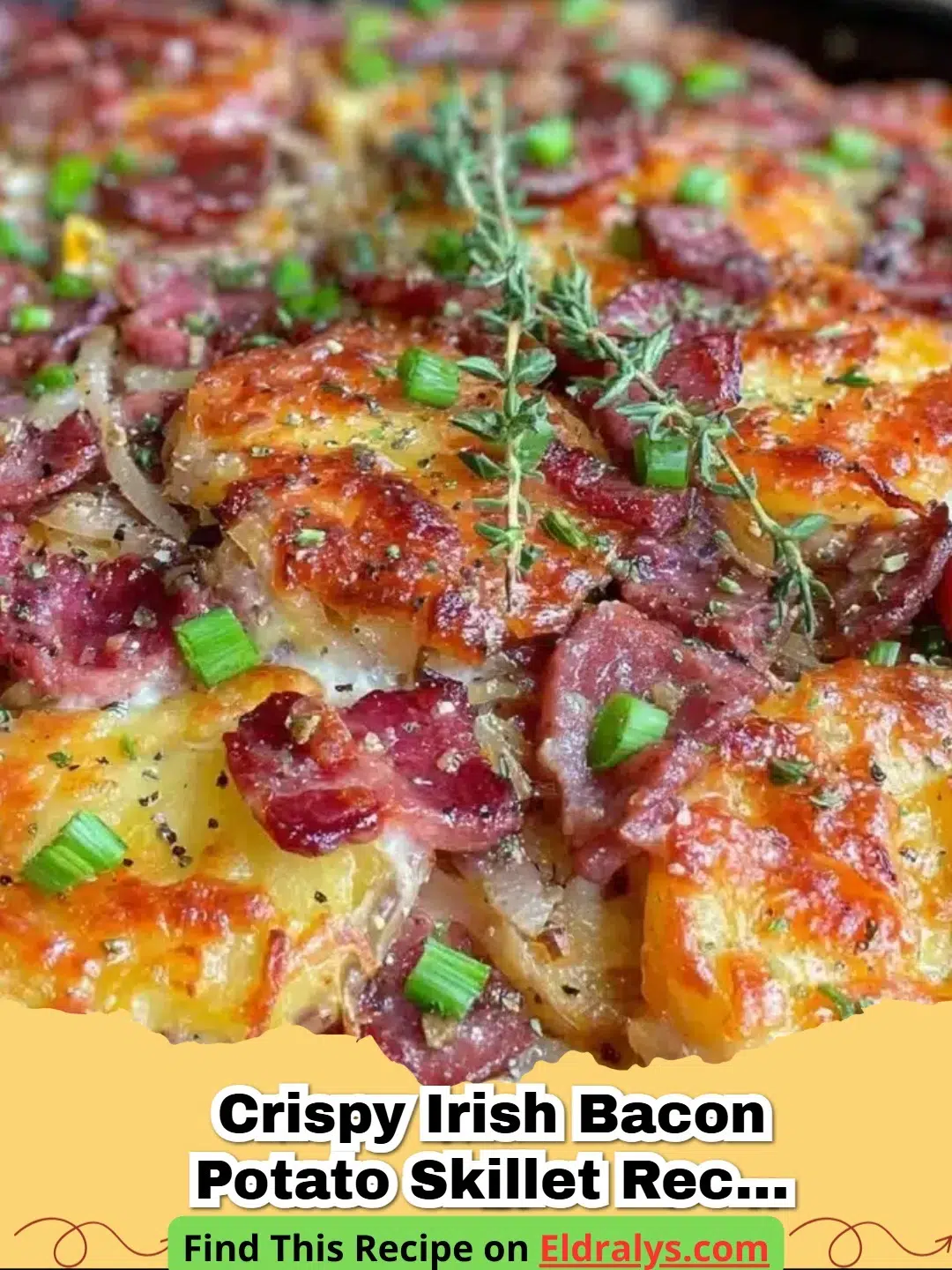 A cast iron skillet filled with Crispy Irish Bacon and Potato Skillet garnished with fresh parsley.