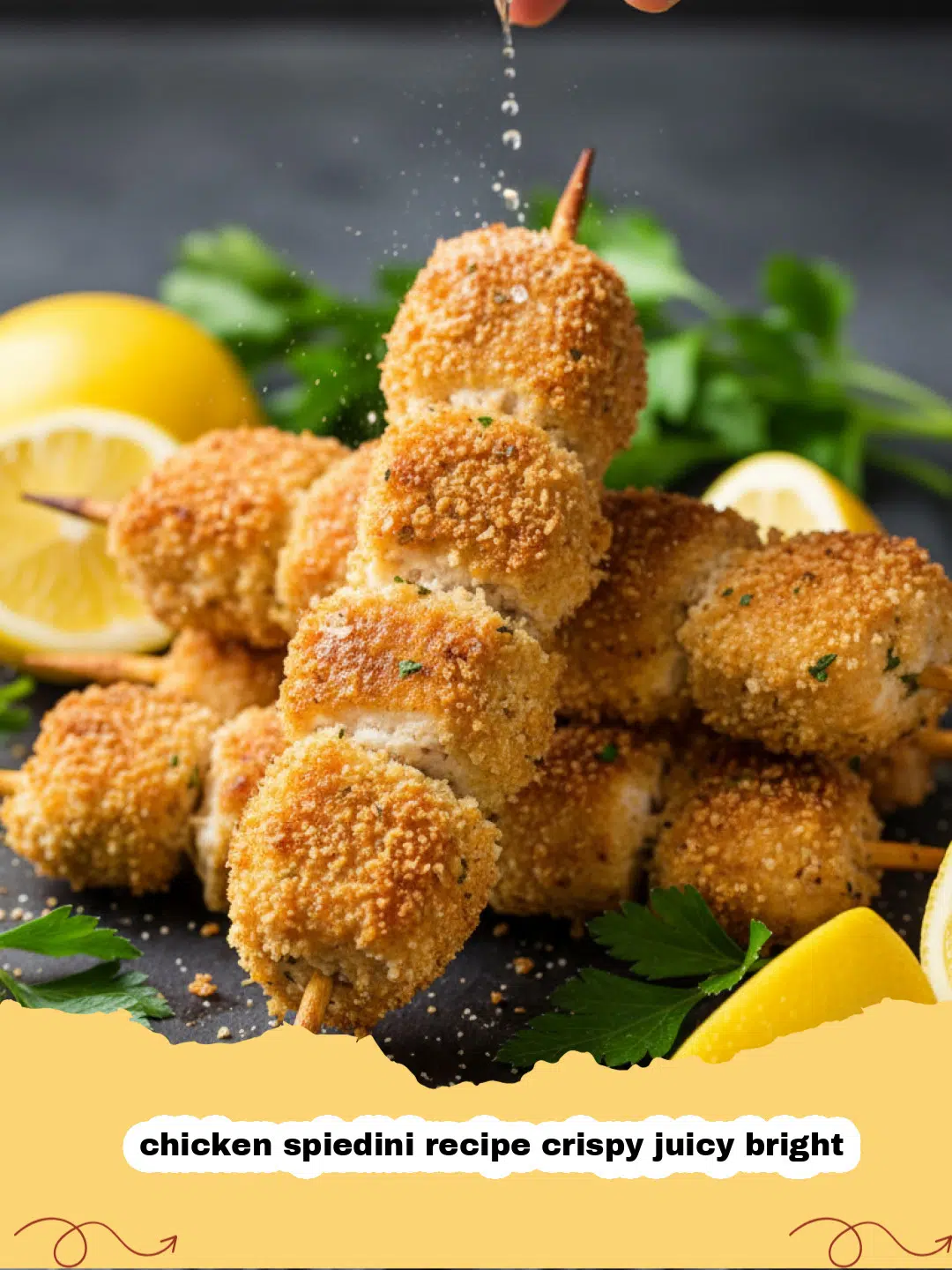 chicken spiedini recipe crispy juicy bright - Golden brown crispy chicken spiedini skewers on a platter with lemon wedges