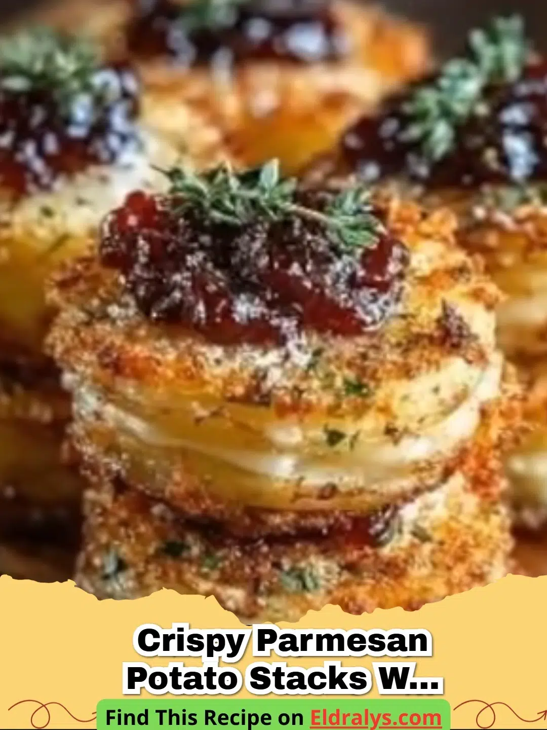 Golden Crispy Parmesan Potato Stacks with Brie and Cranberry topping on a festive platter