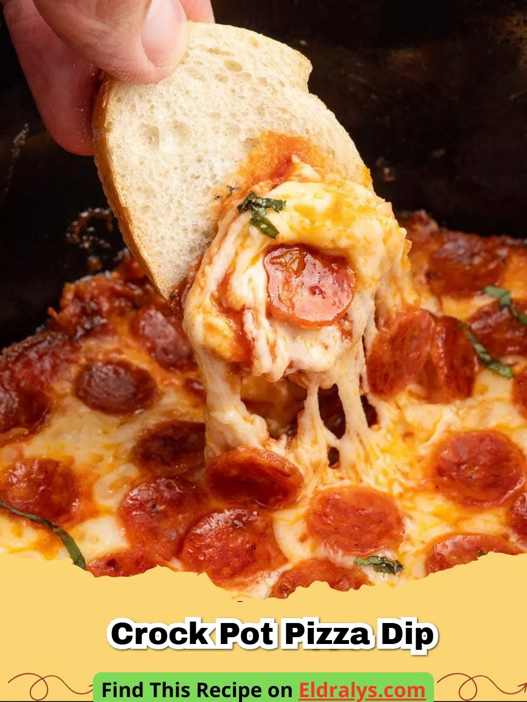 A close up shot of melty Crock Pot Pizza Dip with pepperoni and cheese stretches