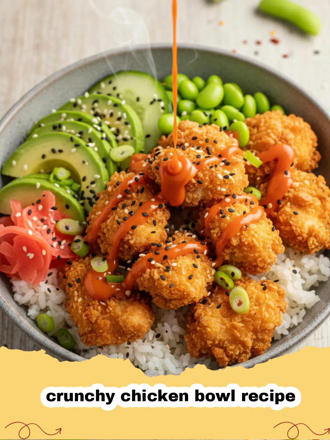 crunchy chicken bowl recipe - A vibrant bowl filled with golden crunchy chicken, purple cabbage, avocado, and rice.
