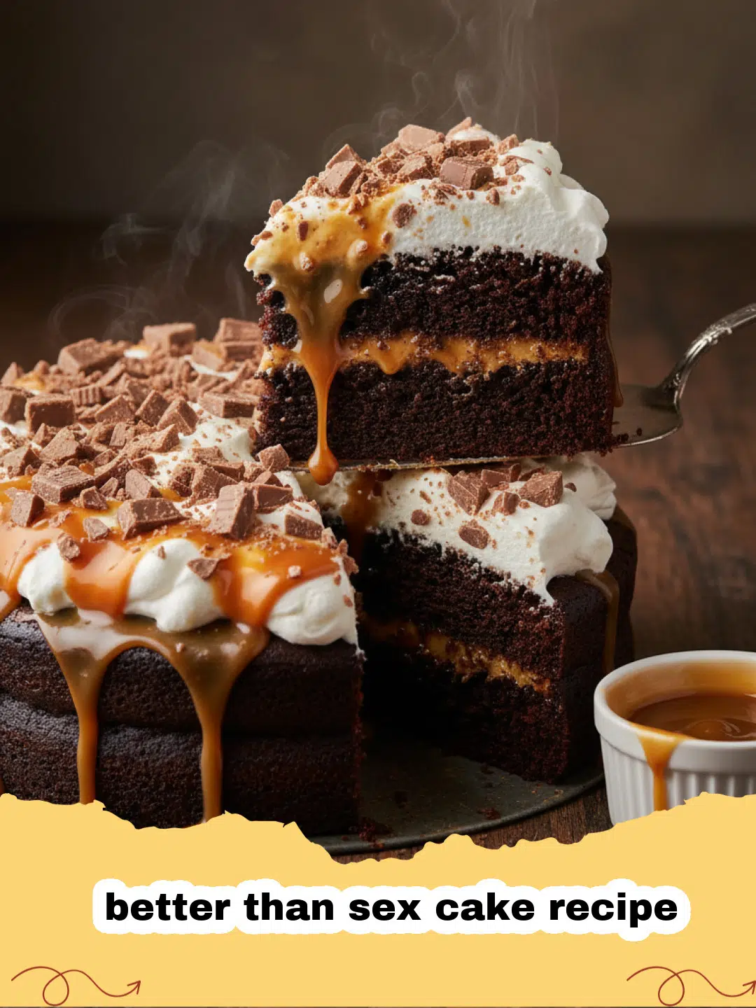 better than sex cake recipe - A close-up slice of Better Than Sex Cake showing the caramel layers and toffee topping.