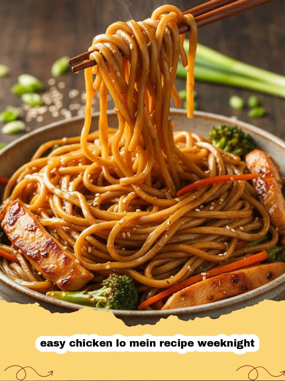 easy chicken lo mein recipe weeknight - A steaming bowl of chicken lo mein with colorful vegetables and glossy noodles.