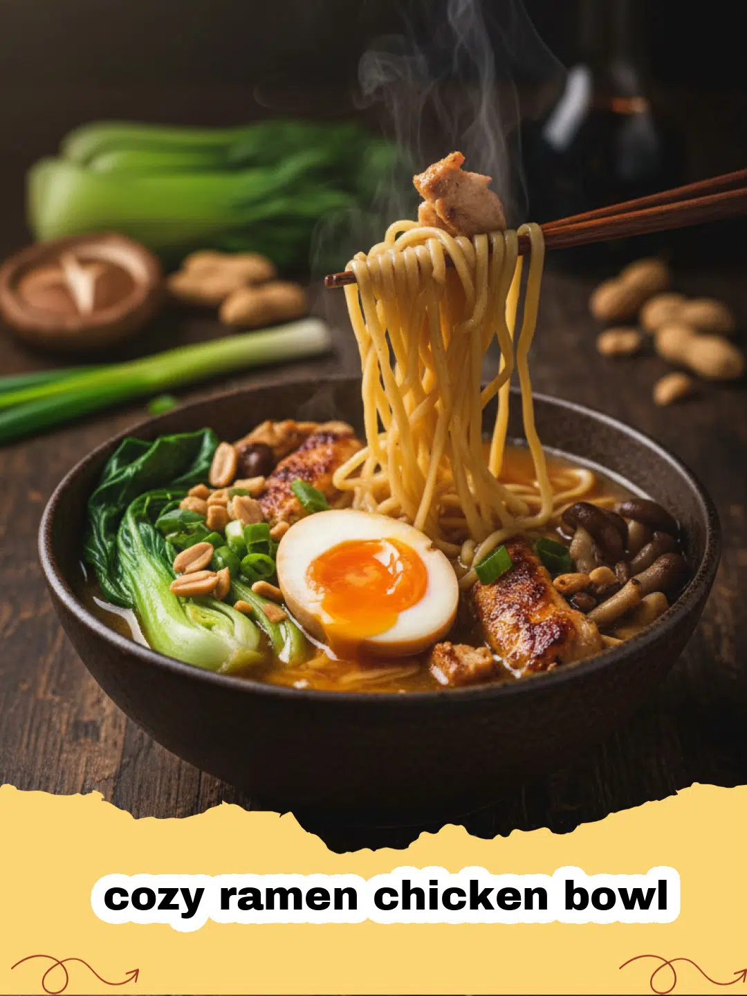 A steaming cozy ramen chicken bowl with a soft-boiled egg and sliced green onions