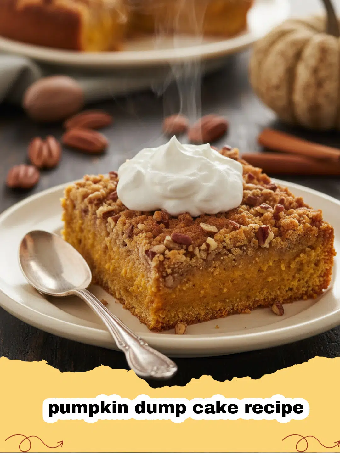 pumpkin dump cake recipe - A golden brown pumpkin dump cake served in a glass dish with a scoop of ice cream.