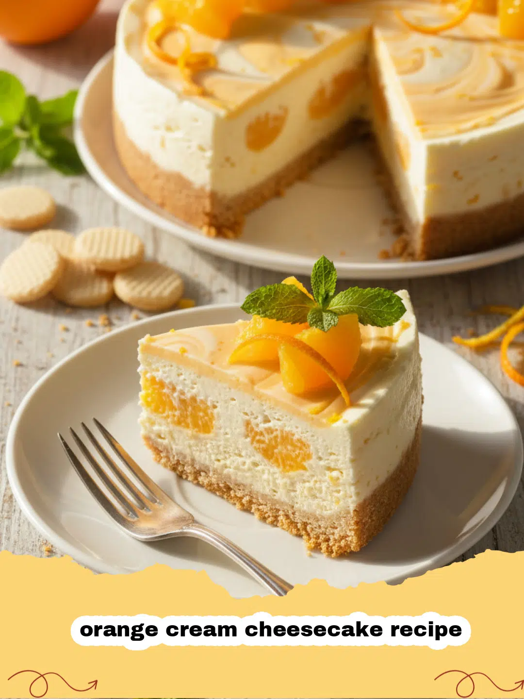orange cream cheesecake recipe - A close-up shot of a slice of orange cream cheesecake decorated with orange zest and whipped cream.