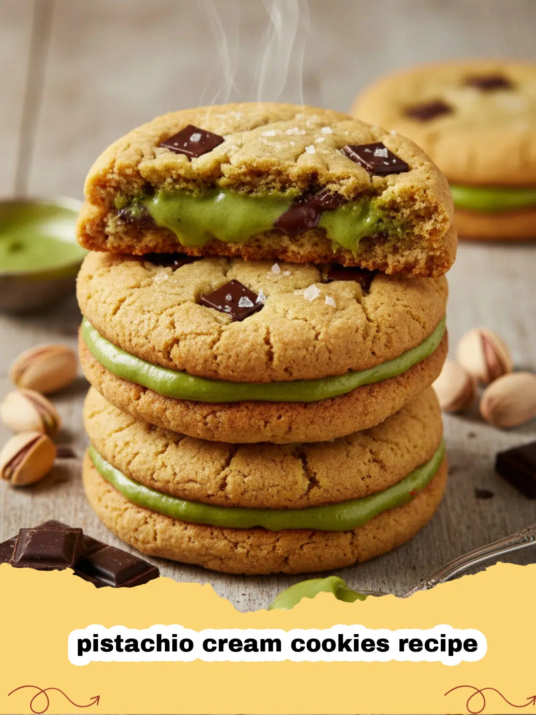 pistachio cream cookies recipe - Close-up of a broken pistachio cream cookie showing the vibrant green filling.