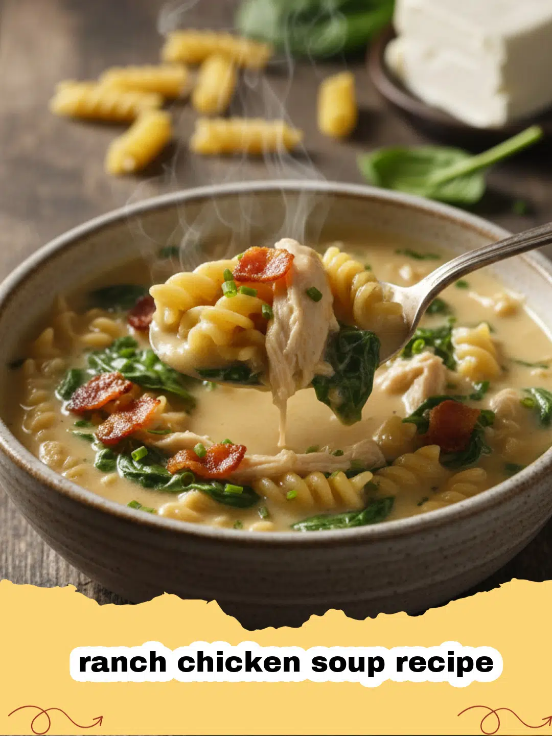 ranch chicken soup recipe - A steaming bowl of creamy ranch chicken soup topped with cheese and green onions.