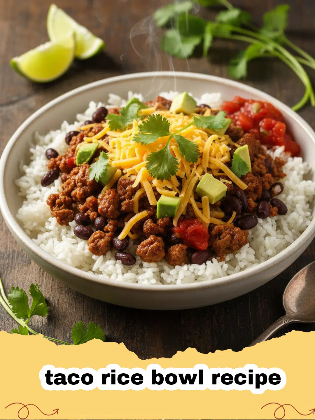 taco rice bowl recipe - A colorful taco rice bowl with seasoned beef, avocado, and lime wedges.