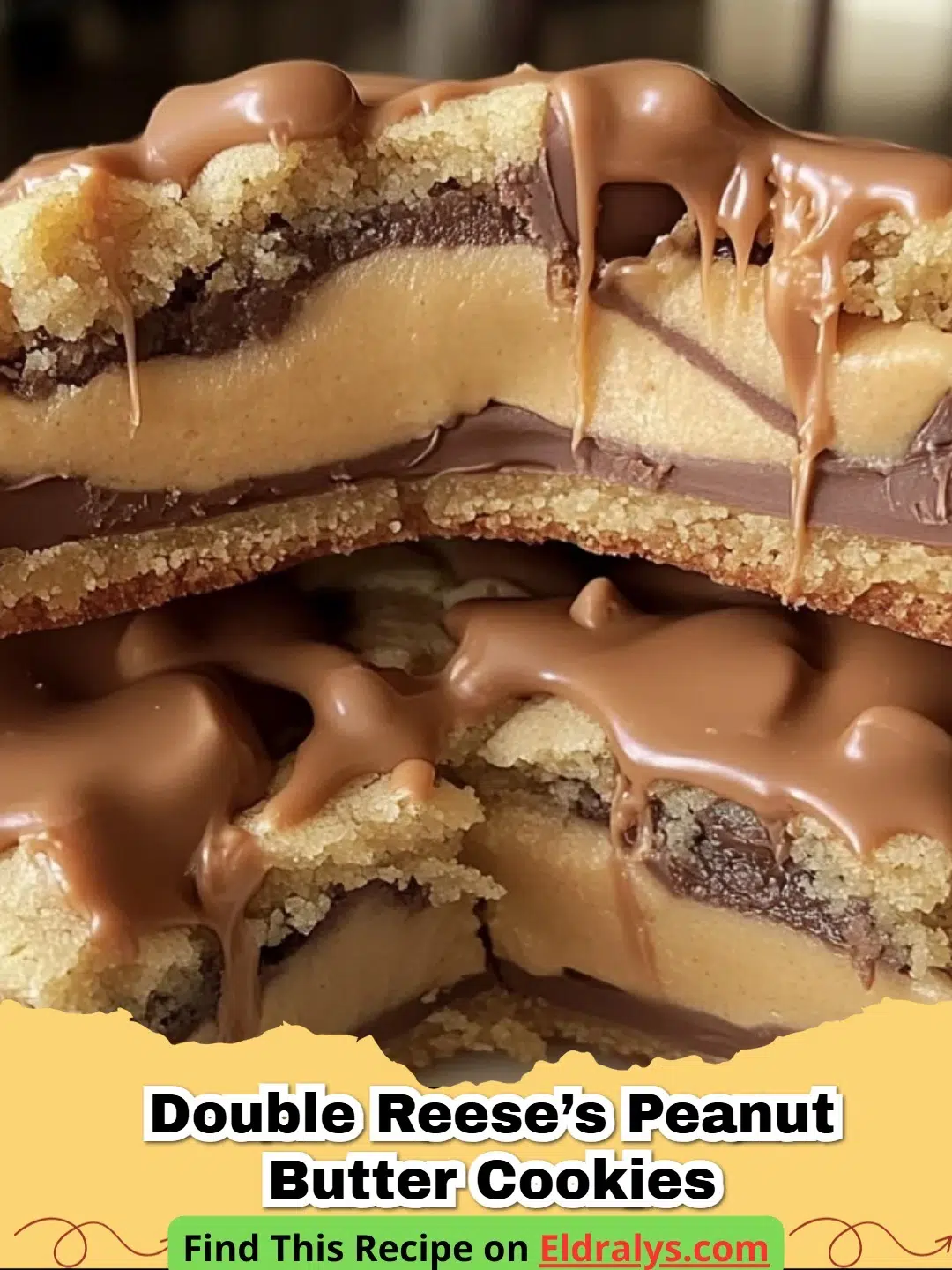 A close up of freshly baked Double Reese’s Peanut Butter Cookies on a cooling rack.