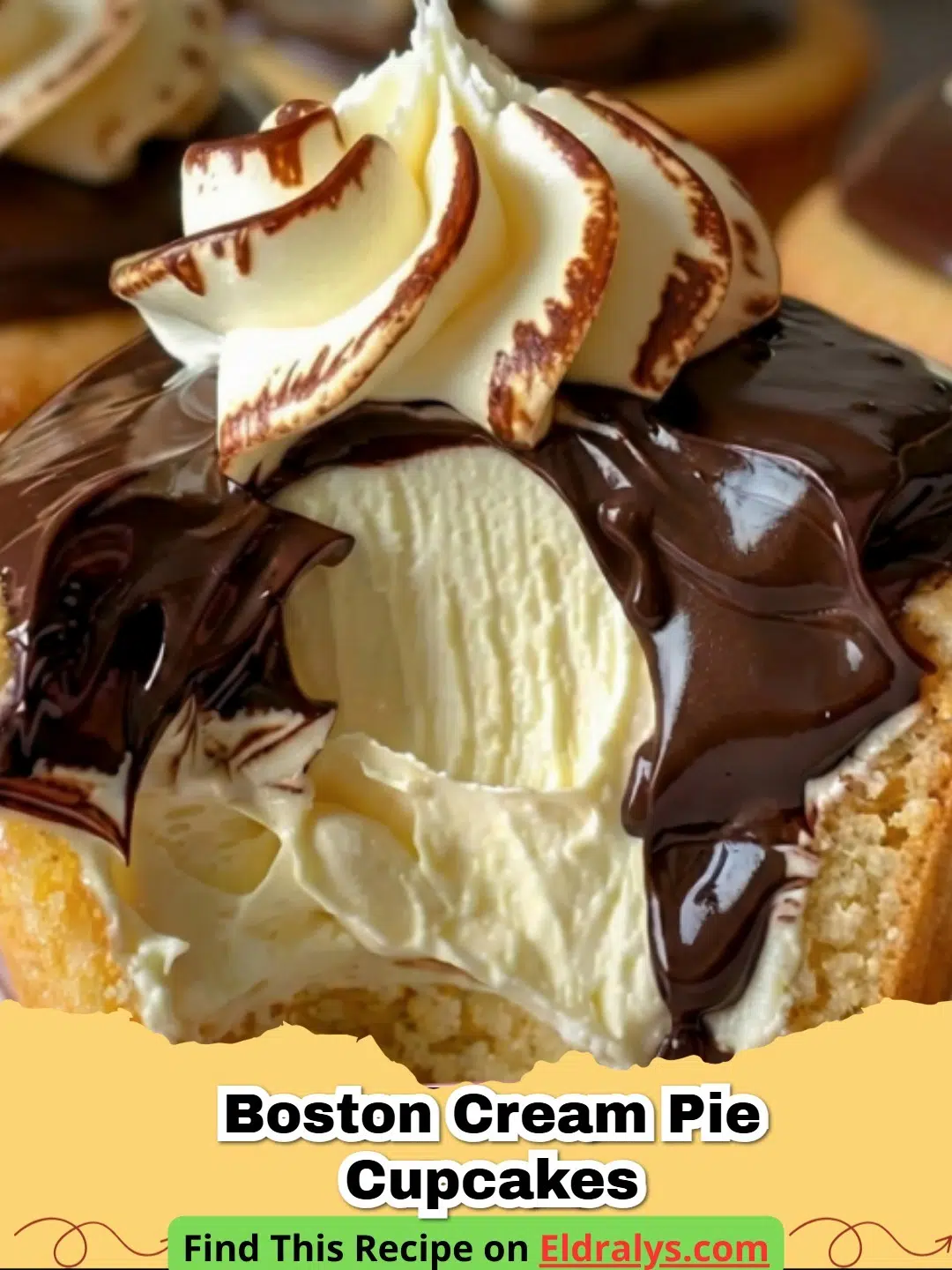 Easy Boston Cream Pie Cupcakes with glossy chocolate ganache topping