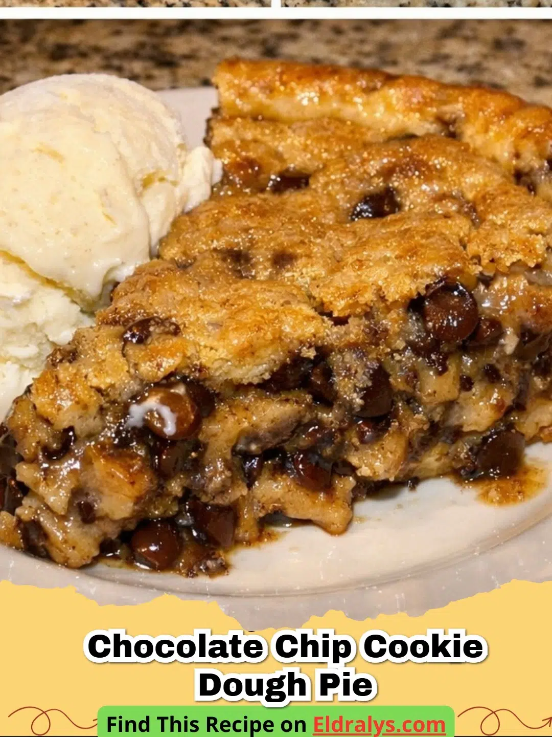 A close-up shot of a slice of Easy Chocolate Chip Cookie Dough Pie with melty chocolate chips.