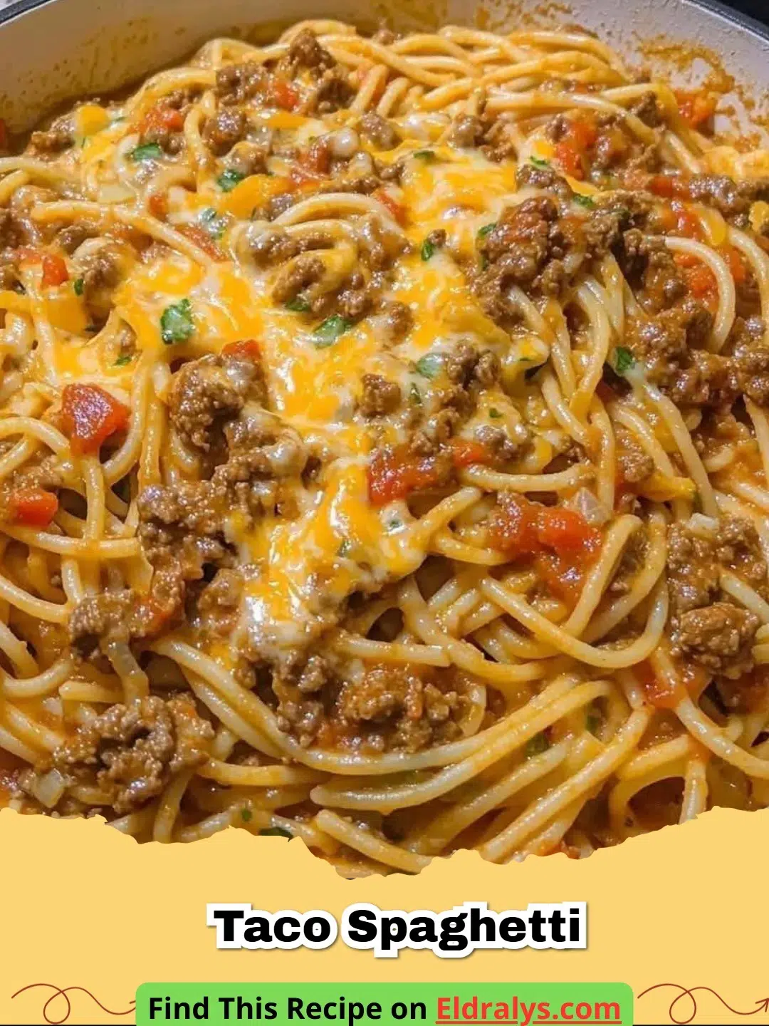 A plate of Easy Creamy Taco Spaghetti Recipe with melted cheese and fresh herbs