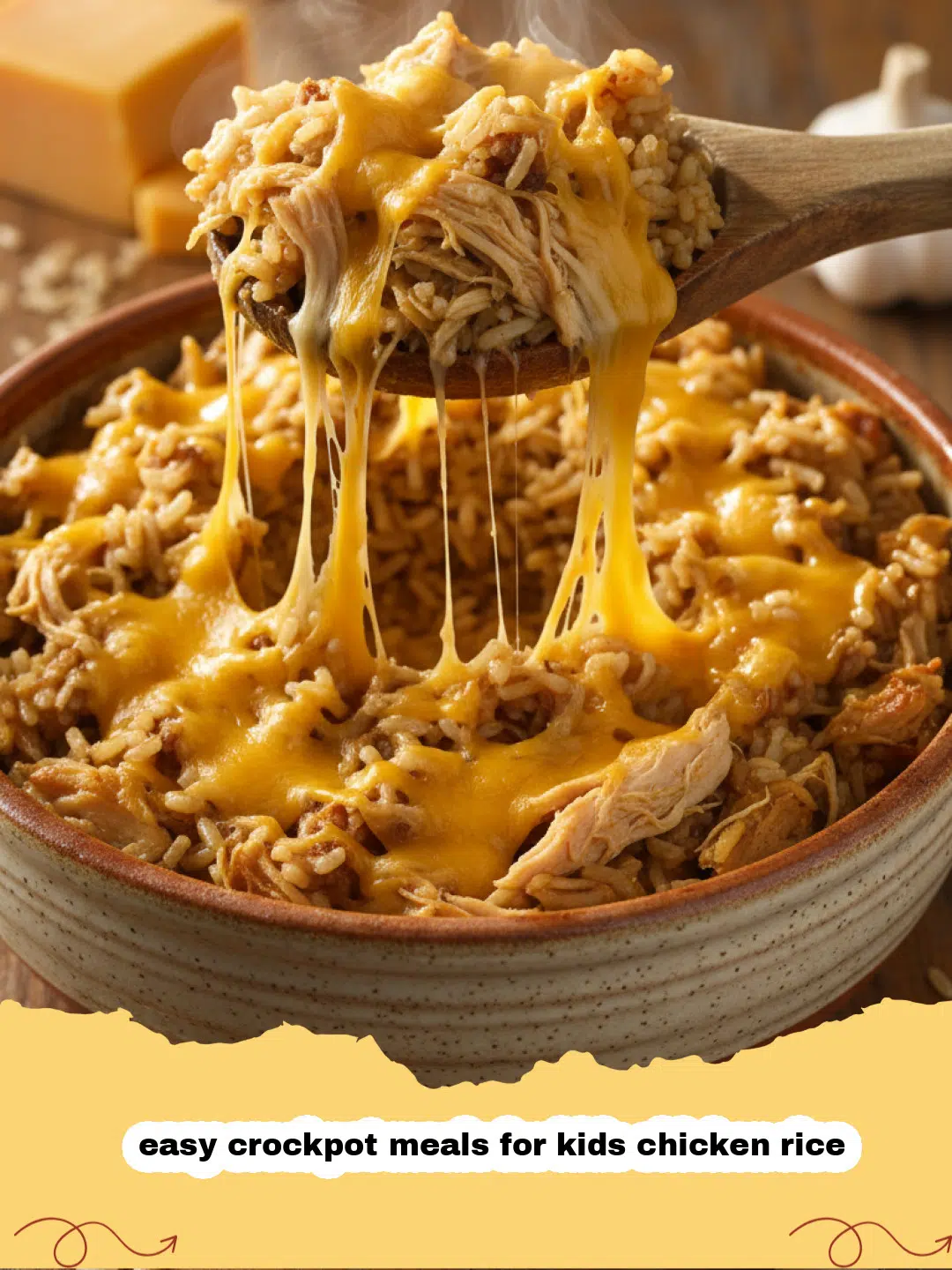 easy crockpot meals for kids chicken rice - A close-up of creamy chicken and rice in a slow cooker topped with melted cheese
