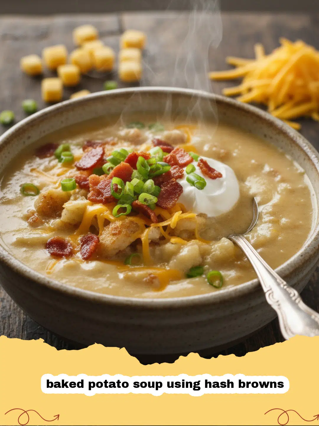 A bowl of creamy baked potato soup using hash browns topped with cheese and bacon
