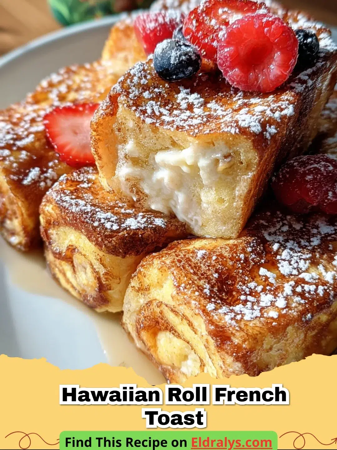 Golden brown Hawaiian roll French toast stacked on a plate with fresh berries and maple syrup.