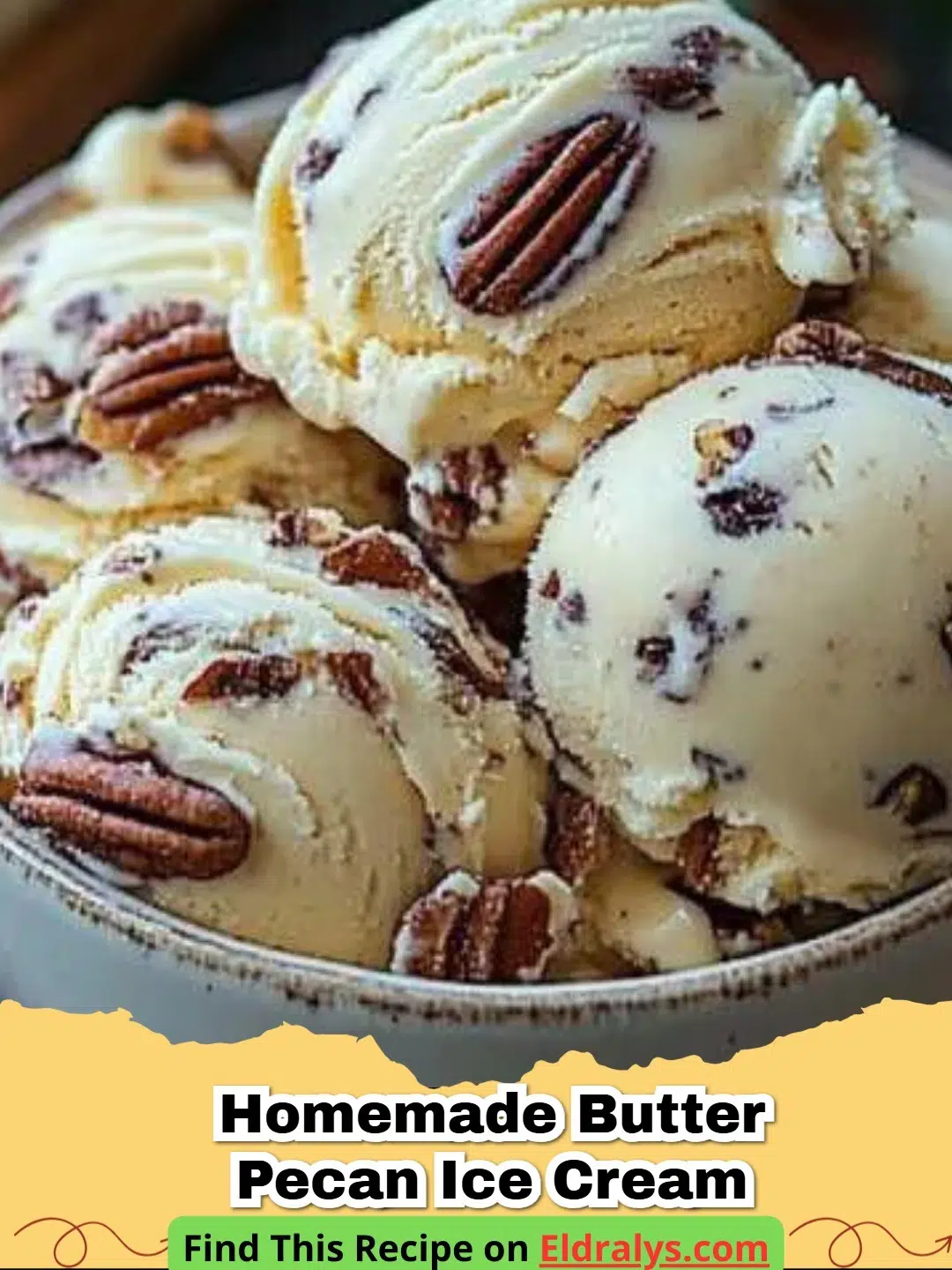Easy Homemade Butter Pecan Ice Cream Recipe - A scoop of Easy Homemade Butter Pecan Ice Cream in a white bowl with toasted pecans on top