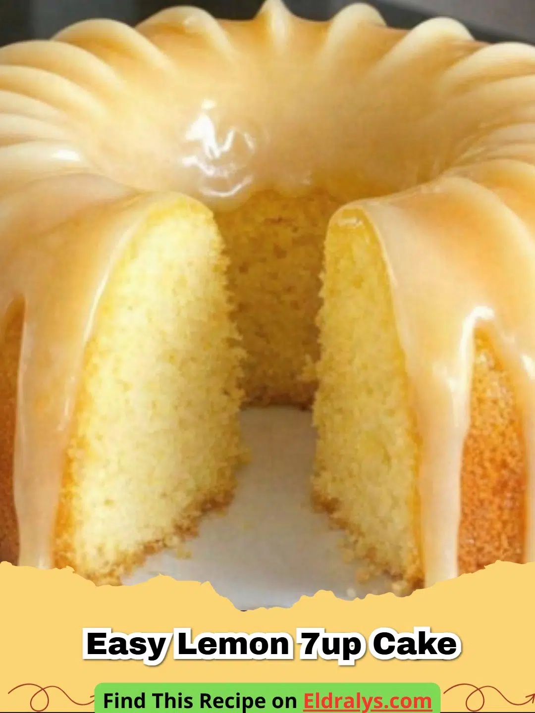 Easy Lemon 7UP Cake Recipe - A golden Easy Lemon 7UP Cake on a white platter with lemon slices.