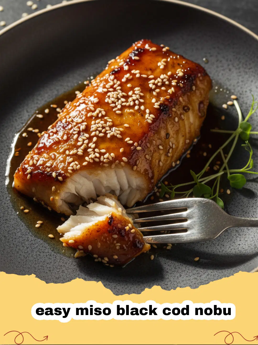 A perfectly glazed piece of easy miso black cod nobu on a white plate with ginger garnish.