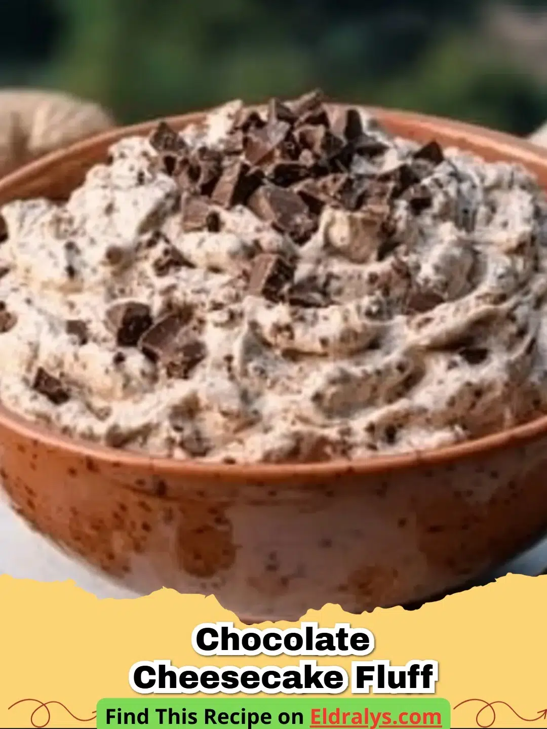 A bowl of Easy No-Bake Chocolate Cheesecake Fluff garnished with chocolate shavings