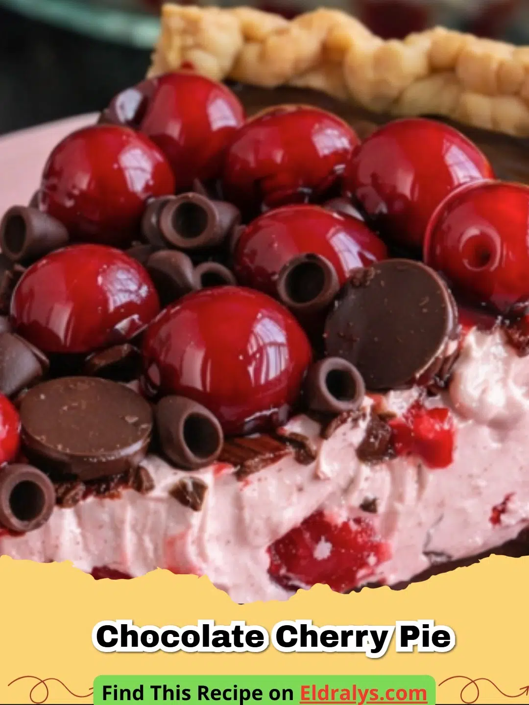 A slice of Easy No-Bake Chocolate Cherry Pie on a white plate with cherries on top.