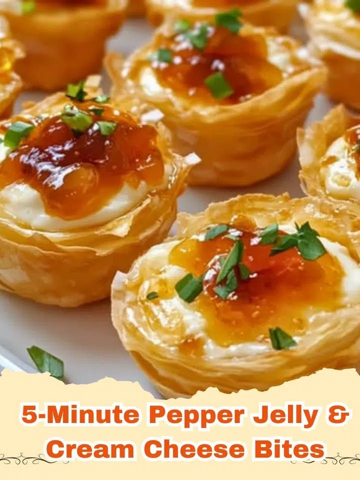 A tray of Easy Pepper Jelly and Cream Cheese Phyllo Bites garnished with green onions