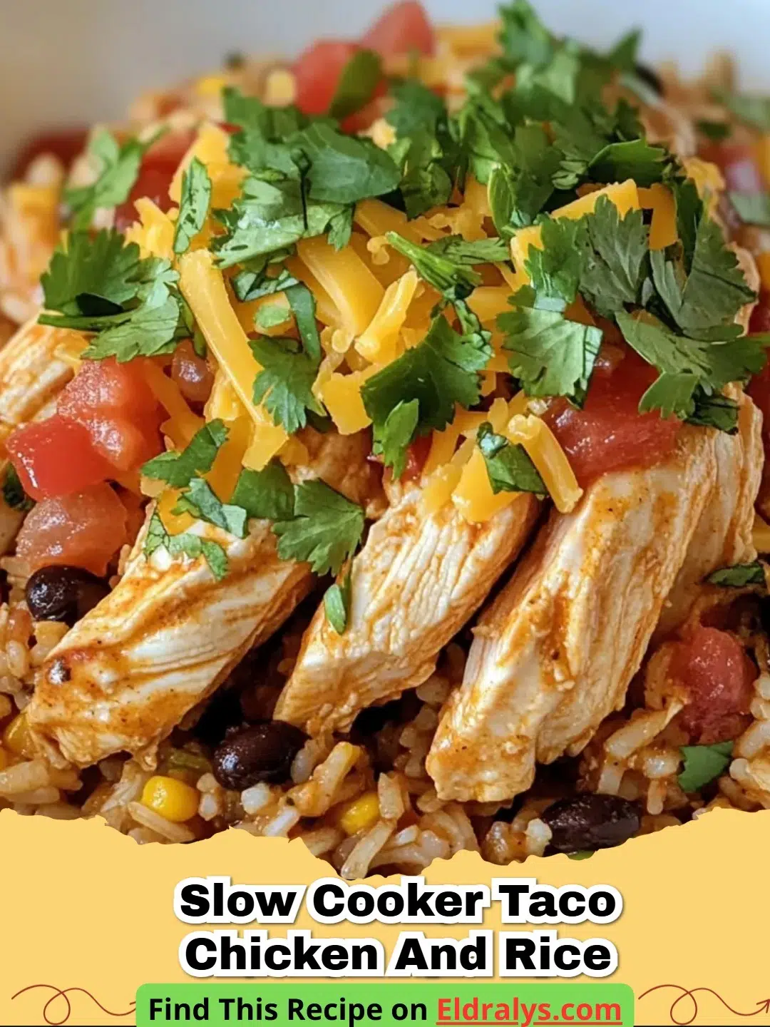 A close up shot of Easy Slow Cooker Taco Chicken and Rice garnished with cilantro and lime.