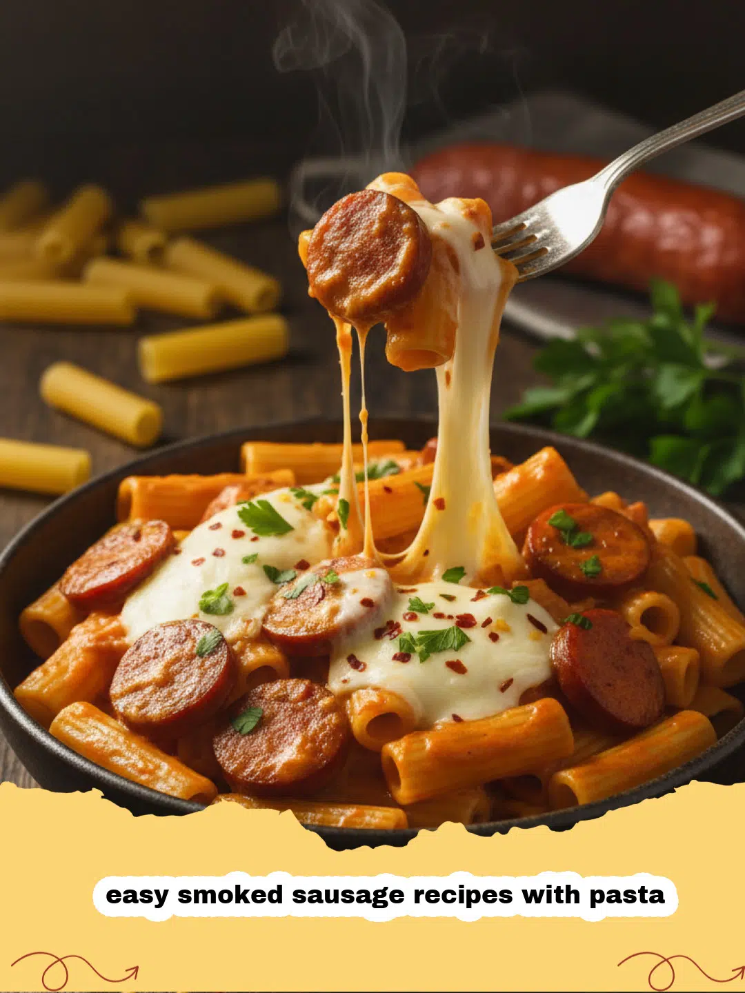 easy smoked sausage recipes with pasta - A close-up of creamy pasta with slices of browned smoked sausage and red peppers in a skillet.